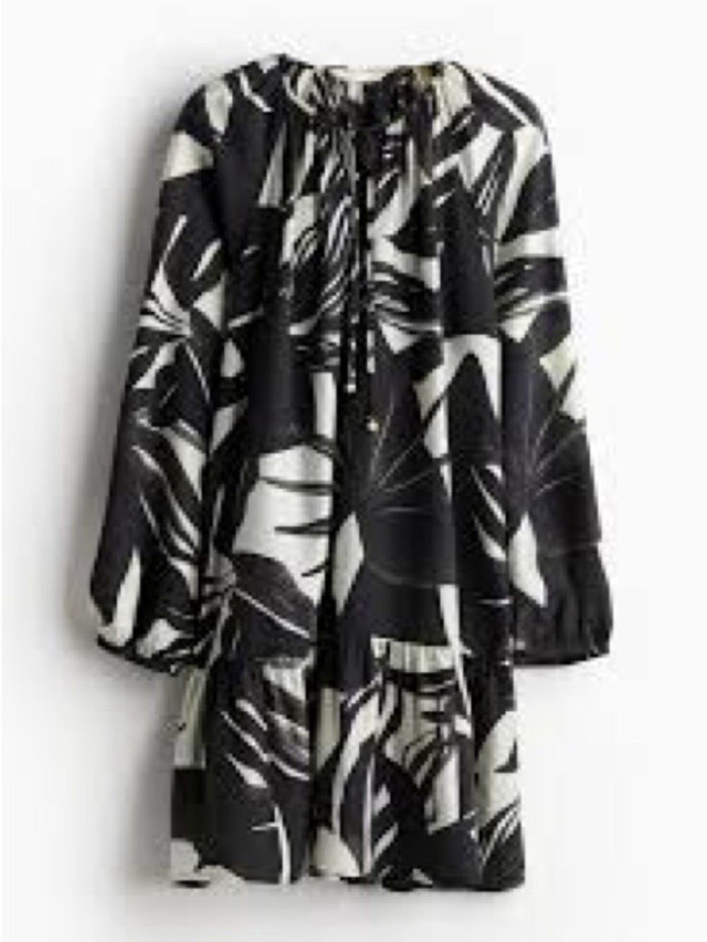 H&M Black and White Leaf-Print Long Sleeve Dress